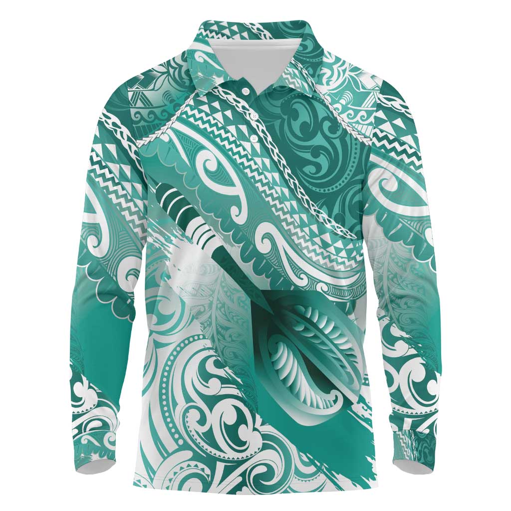 Personalised New Zealand Aotearoa Darts Masters Long Sleeve Polo Shirt Maori Art Tattoo with Tribal Dart Symbol Teal Color - Polynesian Pride