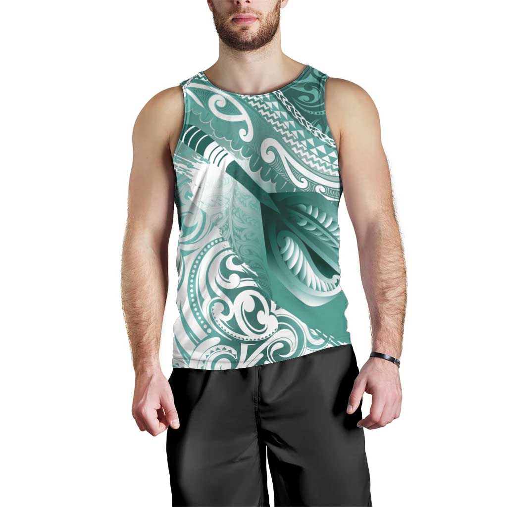 Personalised New Zealand Aotearoa Darts Masters Men Tank Top Maori Art Tattoo with Tribal Dart Symbol Teal Color - Polynesian Pride