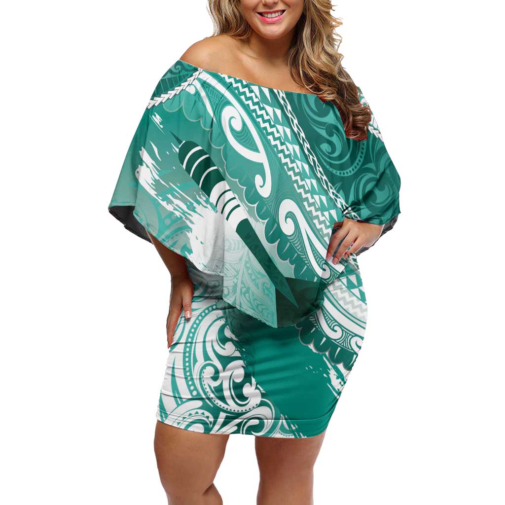 Personalised New Zealand Aotearoa Darts Masters Off Shoulder Short Dress Maori Art Tattoo with Tribal Dart Symbol Teal Color - Polynesian Pride