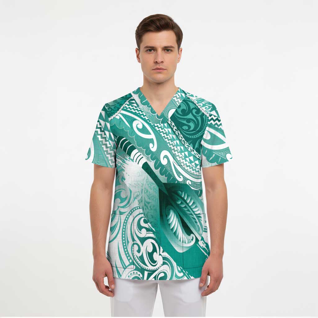 Personalised New Zealand Aotearoa Darts Masters Scrub Top Maori Art Tattoo with Tribal Dart Symbol Teal Color - Polynesian Pride