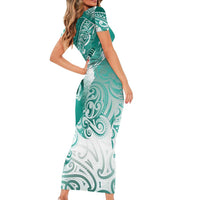 Personalised New Zealand Aotearoa Darts Masters Short Sleeve Bodycon Dress Maori Art Tattoo with Tribal Dart Symbol Teal Color - Polynesian Pride