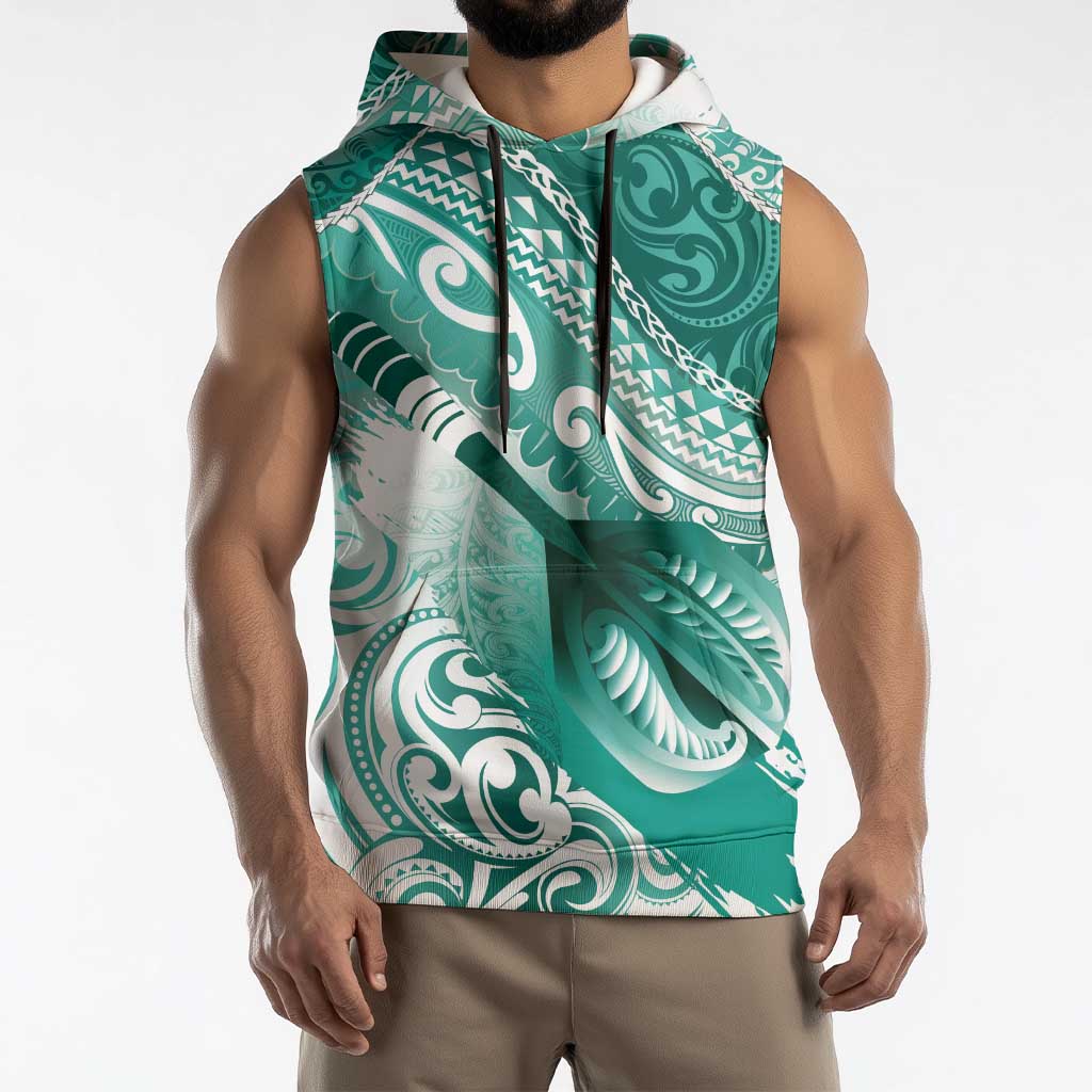 Personalised New Zealand Aotearoa Darts Masters Sleeveless Hoodie Maori Art Tattoo with Tribal Dart Symbol Teal Color - Polynesian Pride