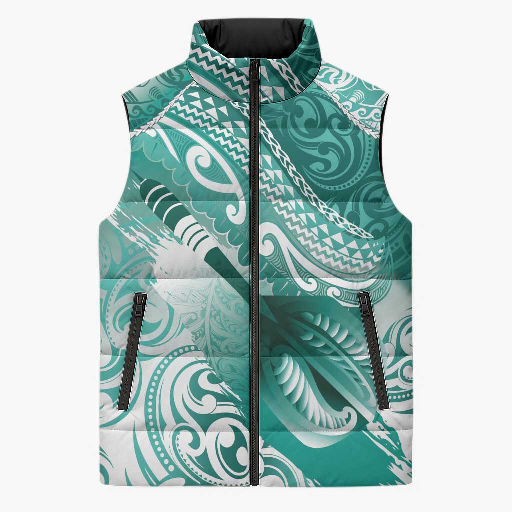 Personalised New Zealand Aotearoa Darts Masters Sleeveless Puffer Jacket Maori Art Tattoo with Tribal Dart Symbol Teal Color - Polynesian Pride