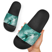 Personalised New Zealand Aotearoa Darts Masters Slide Sandals Maori Art Tattoo with Tribal Dart Symbol Teal Color - Polynesian Pride