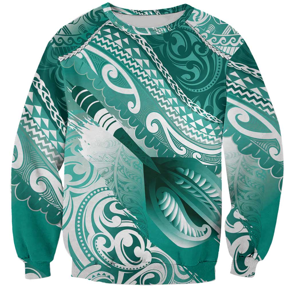 Personalised New Zealand Aotearoa Darts Masters Sweatshirt Maori Art Tattoo with Tribal Dart Symbol Teal Color - Polynesian Pride