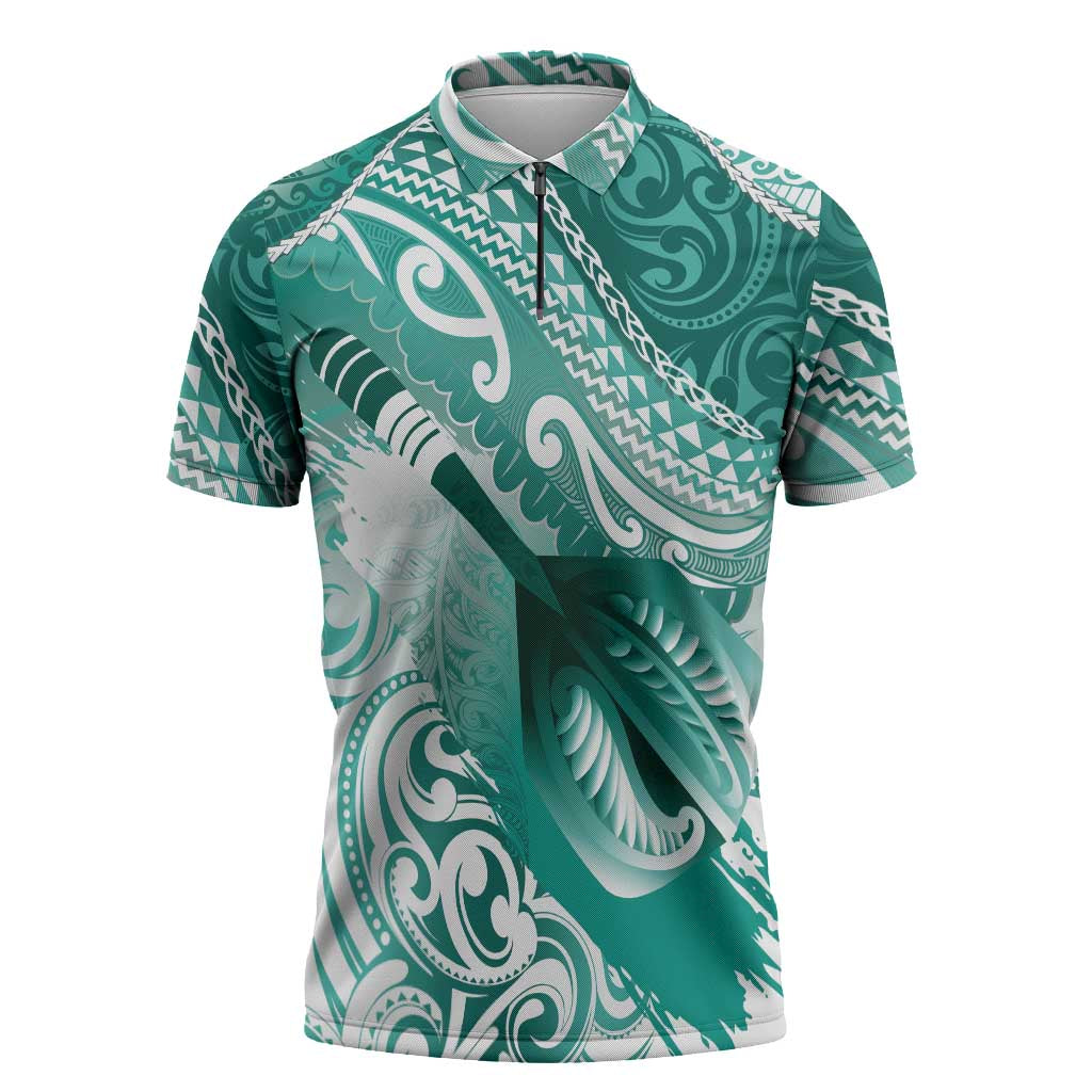 Personalised New Zealand Aotearoa Darts Masters Zipper Polo Shirt Maori Art Tattoo with Tribal Dart Symbol Teal Color - Polynesian Pride
