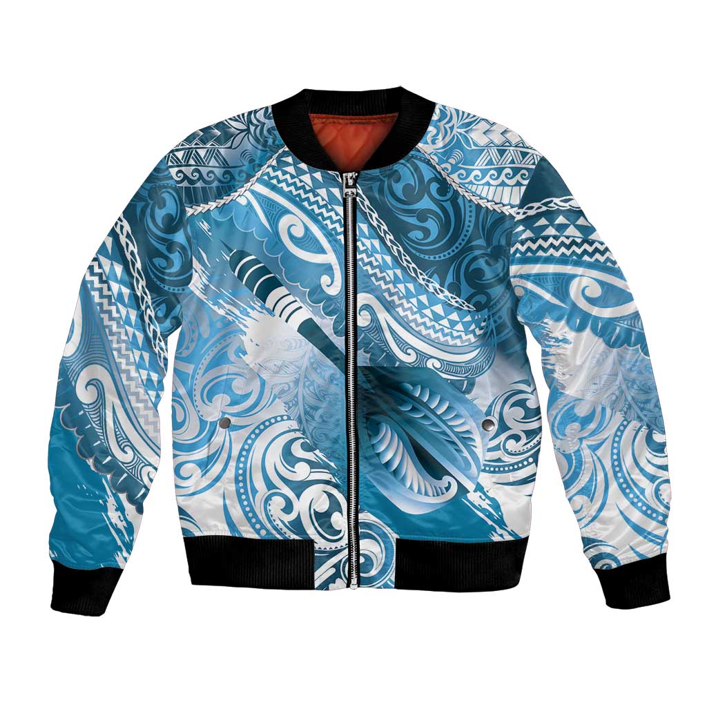 Personalised New Zealand Aotearoa Darts Masters Bomber Jacket Maori Art Tattoo with Tribal Dart Symbol Blue - Polynesian Pride