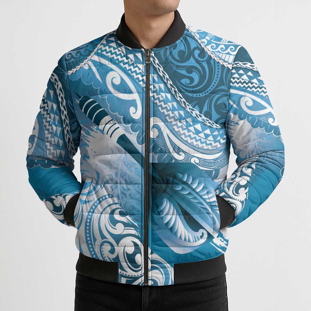 Personalised New Zealand Aotearoa Darts Masters Bomber Puffer Jacket Maori Art Tattoo with Tribal Dart Symbol Blue - Polynesian Pride
