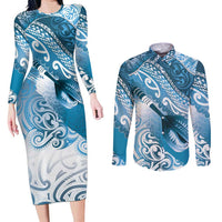 Personalised New Zealand Aotearoa Darts Masters Couples Matching Long Sleeve Bodycon Dress and Long Sleeve Button Shirt Maori Art Tattoo with Tribal Dart Symbol Blue - Polynesian Pride