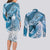 Personalised New Zealand Aotearoa Darts Masters Couples Matching Long Sleeve Bodycon Dress and Long Sleeve Button Shirt Maori Art Tattoo with Tribal Dart Symbol Blue - Polynesian Pride