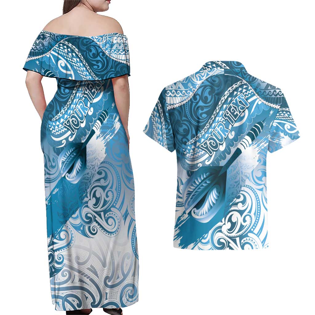 Personalised New Zealand Aotearoa Darts Masters Couples Matching Off Shoulder Maxi Dress and Hawaiian Shirt Maori Art Tattoo with Tribal Dart Symbol Blue - Polynesian Pride