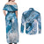 Personalised New Zealand Aotearoa Darts Masters Couples Matching Off Shoulder Maxi Dress and Long Sleeve Button Shirt Maori Art Tattoo with Tribal Dart Symbol Blue - Polynesian Pride