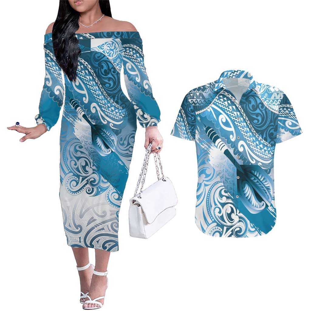 Personalised New Zealand Aotearoa Darts Masters Couples Matching Off The Shoulder Long Sleeve Dress and Hawaiian Shirt Maori Art Tattoo with Tribal Dart Symbol Blue - Polynesian Pride