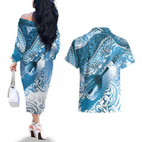 Personalised New Zealand Aotearoa Darts Masters Couples Matching Off The Shoulder Long Sleeve Dress and Hawaiian Shirt Maori Art Tattoo with Tribal Dart Symbol Blue - Polynesian Pride