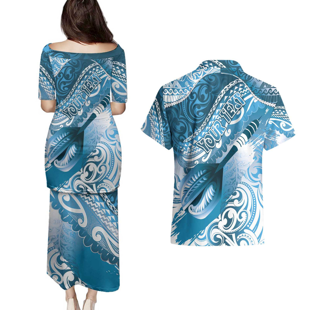 Personalised New Zealand Aotearoa Darts Masters Couples Matching Puletasi and Hawaiian Shirt Maori Art Tattoo with Tribal Dart Symbol Blue - Polynesian Pride