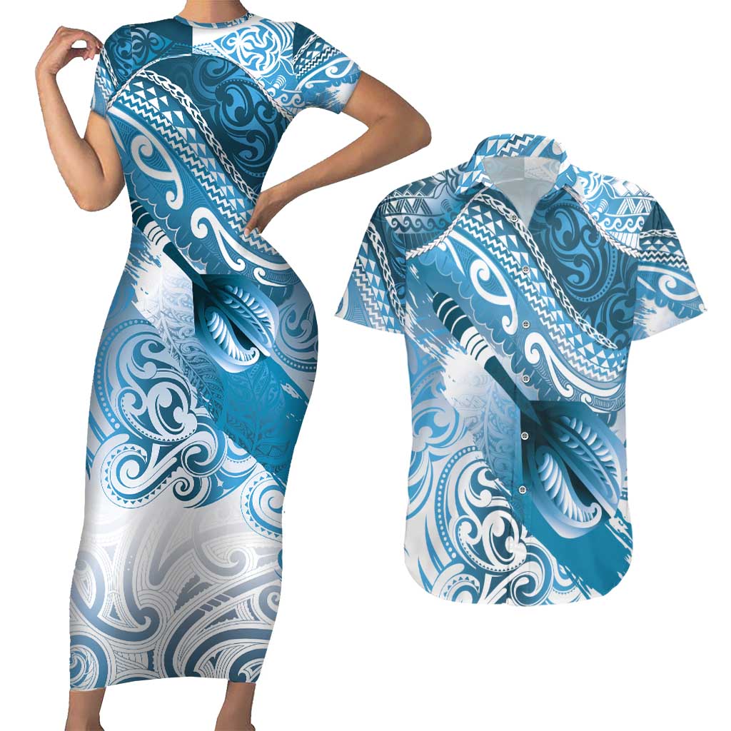 Personalised New Zealand Aotearoa Darts Masters Couples Matching Short Sleeve Bodycon Dress and Hawaiian Shirt Maori Art Tattoo with Tribal Dart Symbol Blue - Polynesian Pride