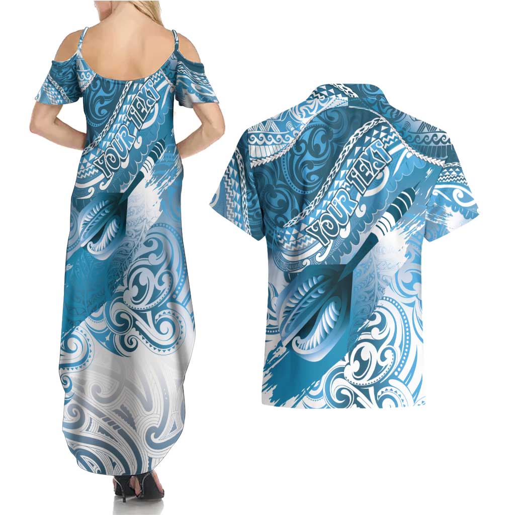 Personalised New Zealand Aotearoa Darts Masters Couples Matching Summer Maxi Dress and Hawaiian Shirt Maori Art Tattoo with Tribal Dart Symbol Blue - Polynesian Pride