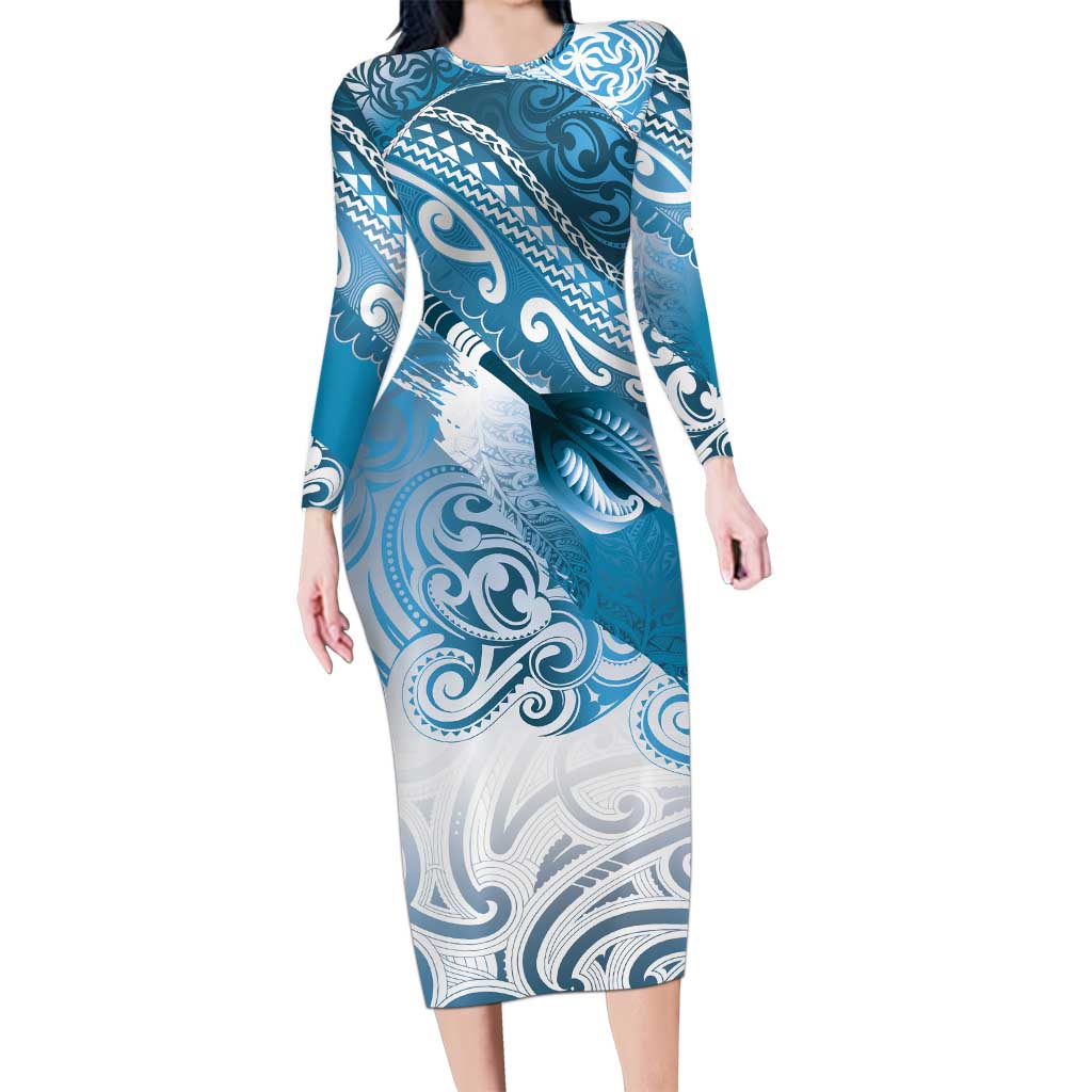 Personalised New Zealand Aotearoa Darts Masters Family Matching Long Sleeve Bodycon Dress and Hawaiian Shirt Maori Art Tattoo with Tribal Dart Symbol Blue - Polynesian Pride