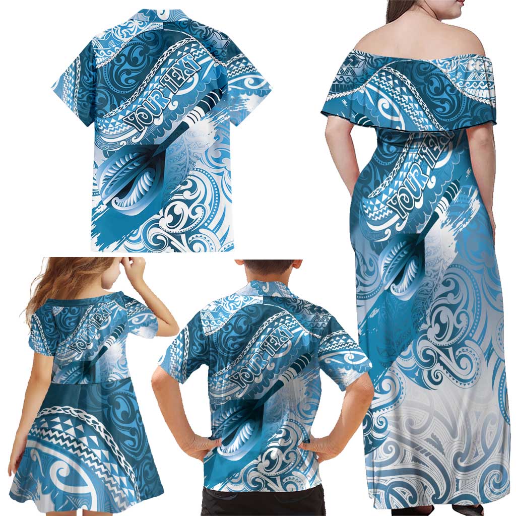 Personalised New Zealand Aotearoa Darts Masters Family Matching Off Shoulder Maxi Dress and Hawaiian Shirt Maori Art Tattoo with Tribal Dart Symbol Blue - Polynesian Pride