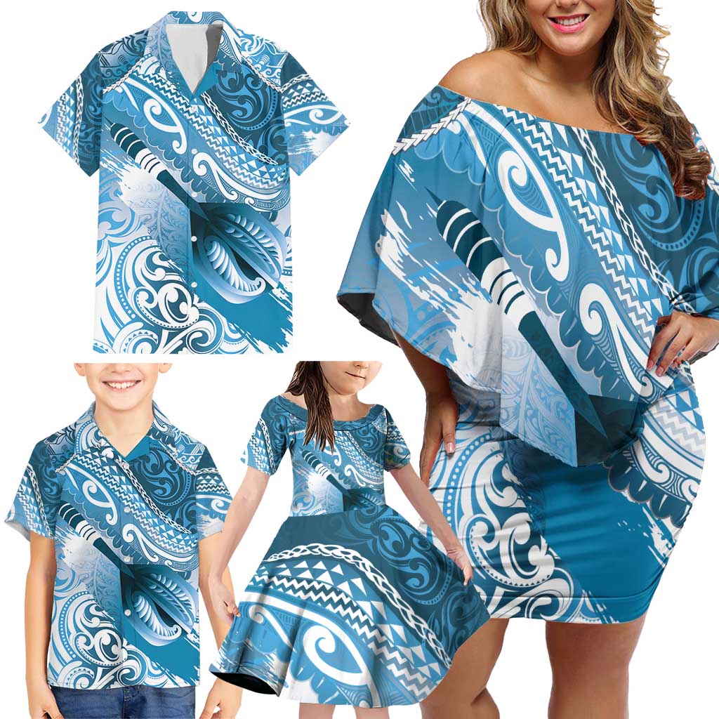 Personalised New Zealand Aotearoa Darts Masters Family Matching Off Shoulder Short Dress and Hawaiian Shirt Maori Art Tattoo with Tribal Dart Symbol Blue - Polynesian Pride