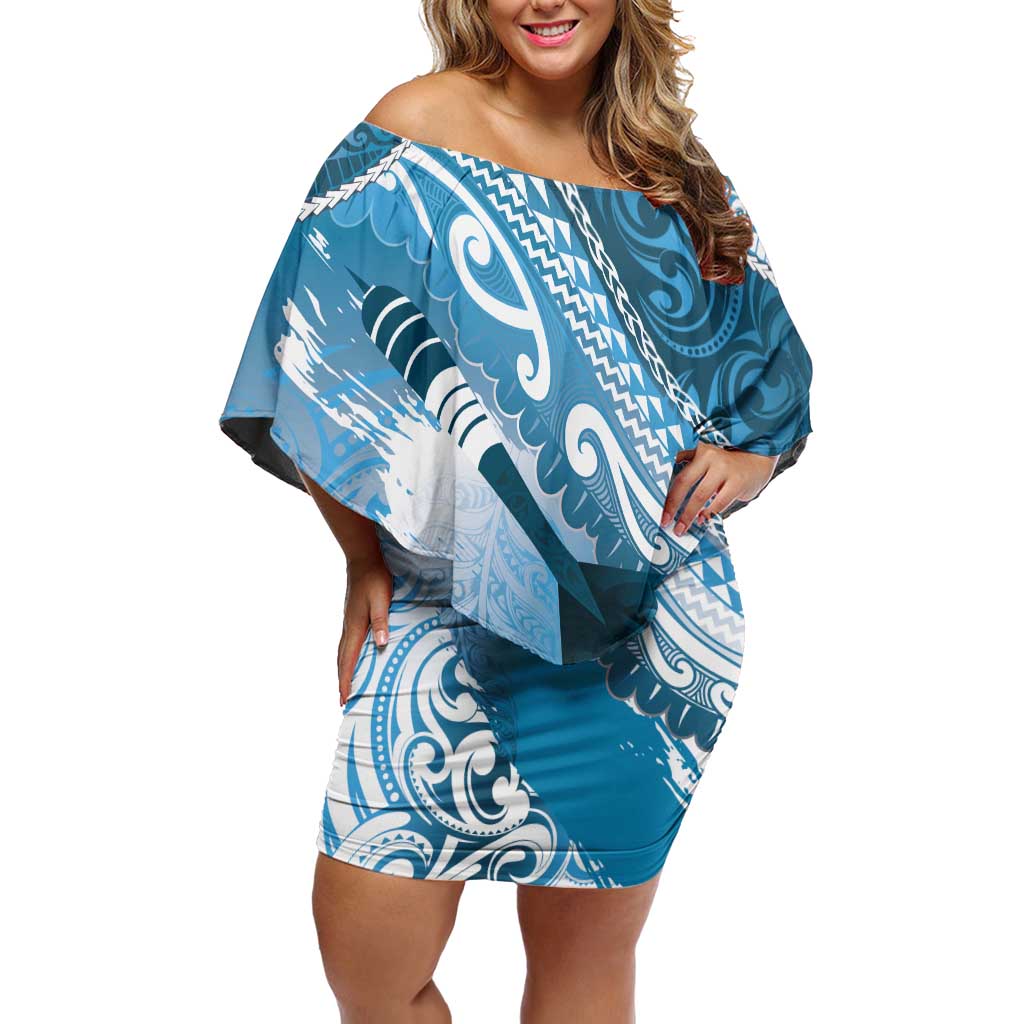 Personalised New Zealand Aotearoa Darts Masters Family Matching Off Shoulder Short Dress and Hawaiian Shirt Maori Art Tattoo with Tribal Dart Symbol Blue - Polynesian Pride