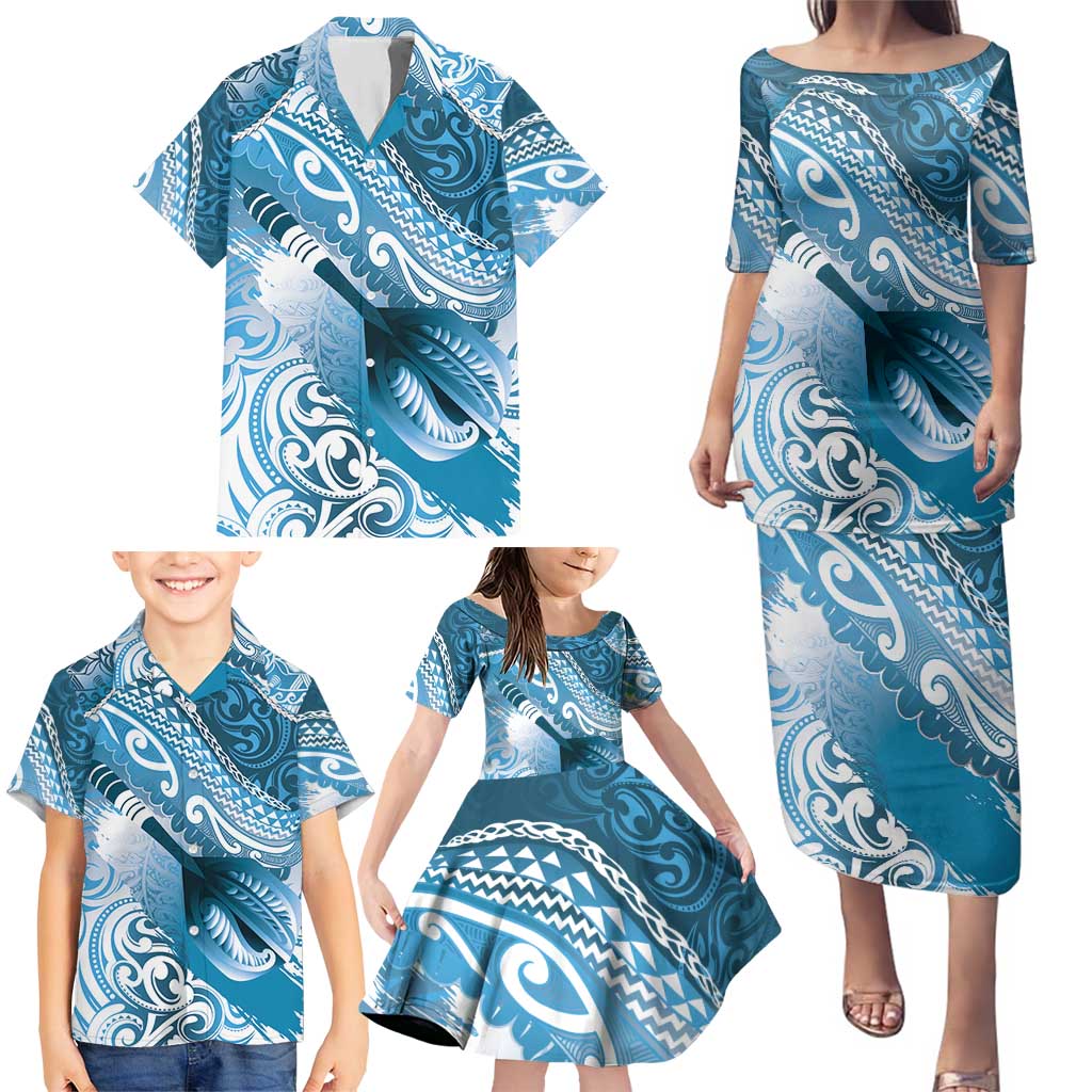 Personalised New Zealand Aotearoa Darts Masters Family Matching Puletasi and Hawaiian Shirt Maori Art Tattoo with Tribal Dart Symbol Blue - Polynesian Pride