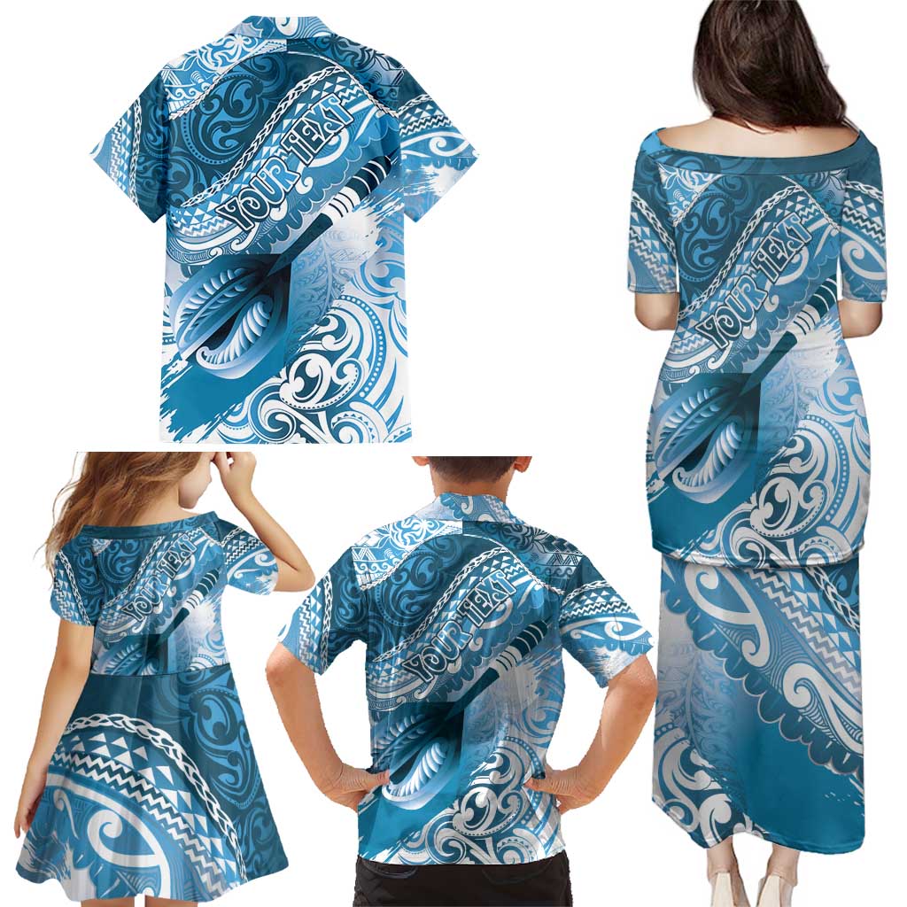 Personalised New Zealand Aotearoa Darts Masters Family Matching Puletasi and Hawaiian Shirt Maori Art Tattoo with Tribal Dart Symbol Blue - Polynesian Pride