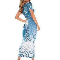 Personalised New Zealand Aotearoa Darts Masters Family Matching Short Sleeve Bodycon Dress and Hawaiian Shirt Maori Art Tattoo with Tribal Dart Symbol Blue - Polynesian Pride