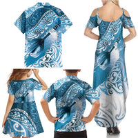 Personalised New Zealand Aotearoa Darts Masters Family Matching Summer Maxi Dress and Hawaiian Shirt Maori Art Tattoo with Tribal Dart Symbol Blue - Polynesian Pride
