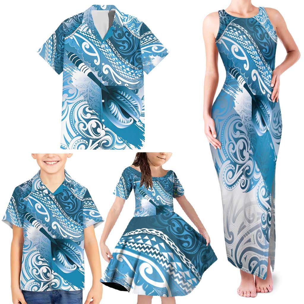 Personalised New Zealand Aotearoa Darts Masters Family Matching Tank Maxi Dress and Hawaiian Shirt Maori Art Tattoo with Tribal Dart Symbol Blue - Polynesian Pride