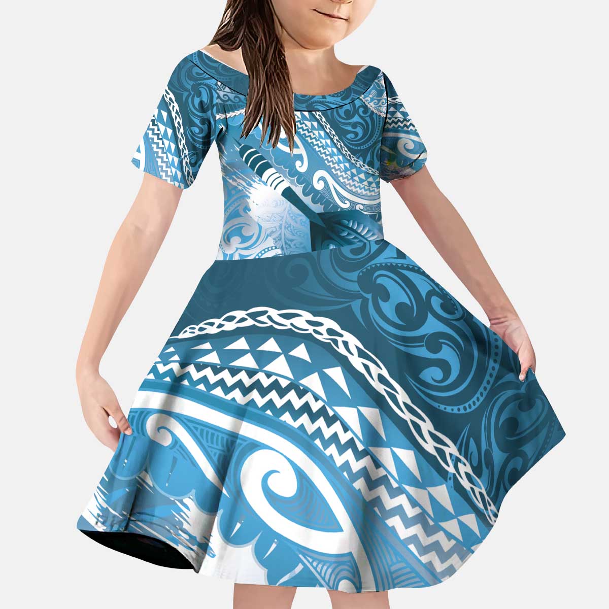 Personalised New Zealand Aotearoa Darts Masters Kid Short Sleeve Dress Maori Art Tattoo with Tribal Dart Symbol Blue - Polynesian Pride