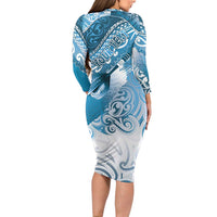 Personalised New Zealand Aotearoa Darts Masters Long Sleeve Bodycon Dress Maori Art Tattoo with Tribal Dart Symbol Blue - Polynesian Pride