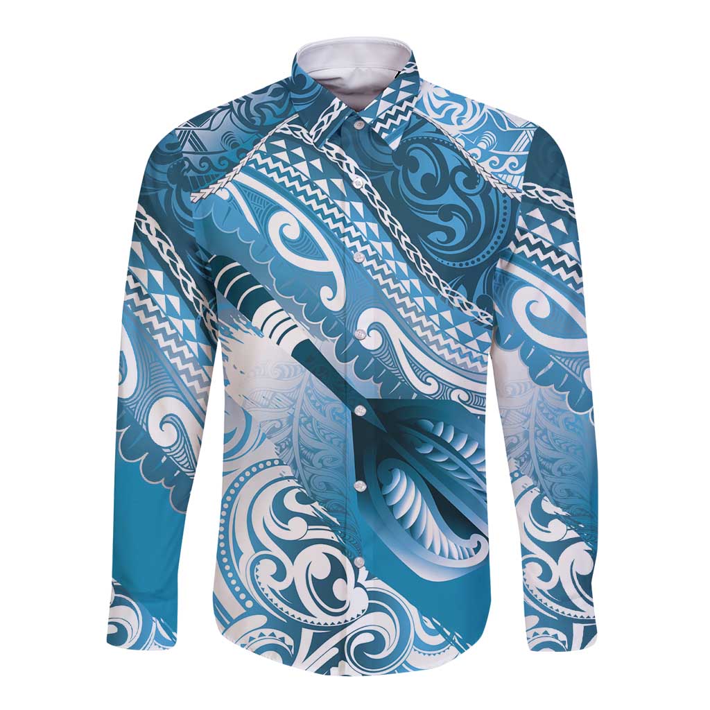Personalised New Zealand Aotearoa Darts Masters Long Sleeve Button Shirt Maori Art Tattoo with Tribal Dart Symbol Blue - Polynesian Pride