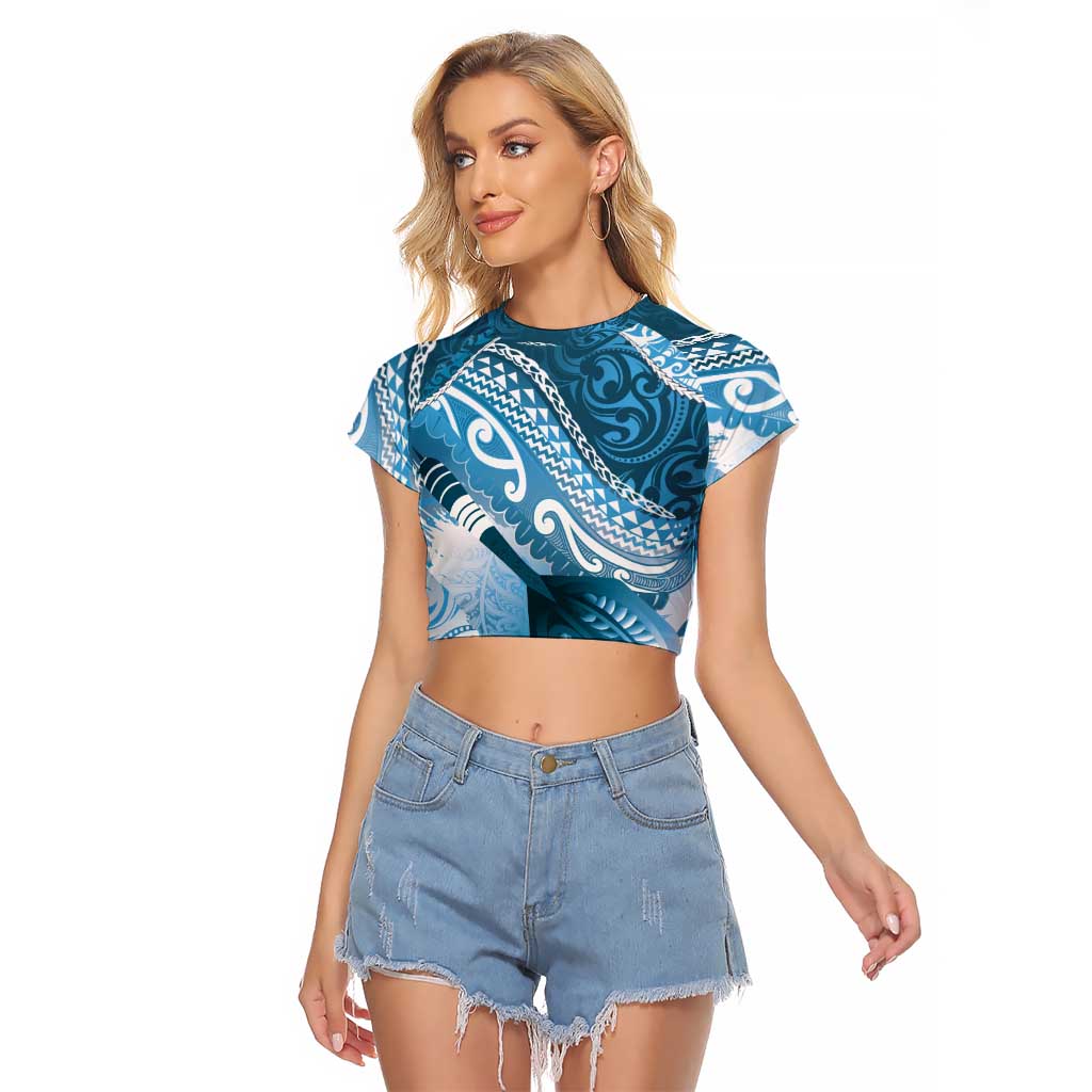 Personalised New Zealand Aotearoa Darts Masters Raglan Cropped T Shirt Maori Art Tattoo with Tribal Dart Symbol Blue - Polynesian Pride