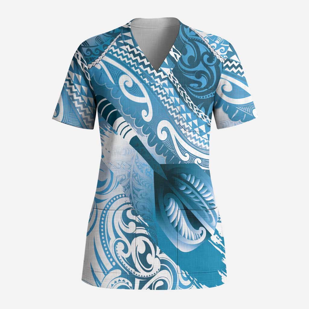 Personalised New Zealand Aotearoa Darts Masters Scrub Top Maori Art Tattoo with Tribal Dart Symbol Blue - Polynesian Pride
