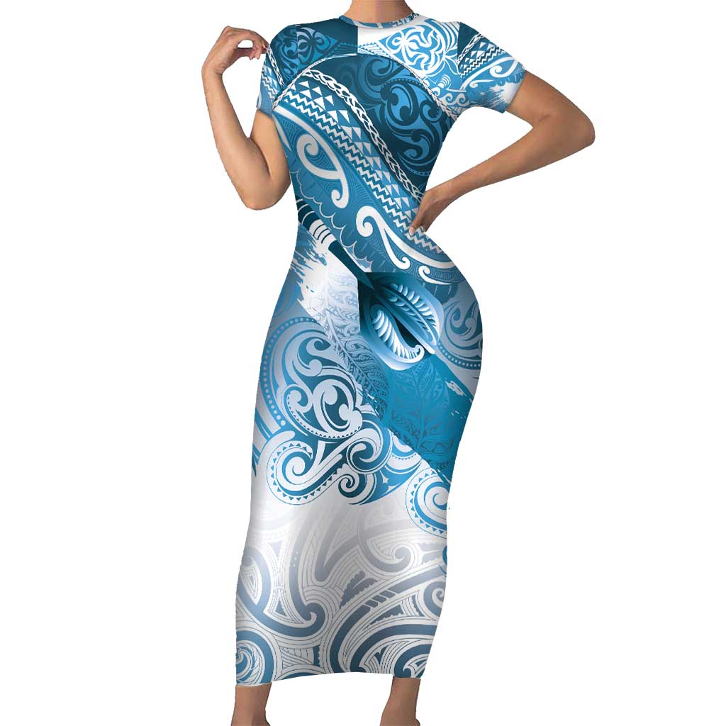 Personalised New Zealand Aotearoa Darts Masters Short Sleeve Bodycon Dress Maori Art Tattoo with Tribal Dart Symbol Blue - Polynesian Pride