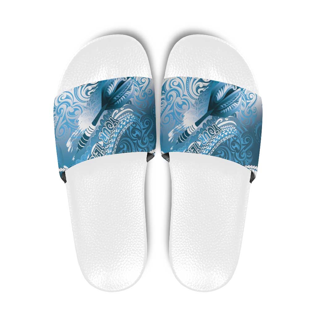 Personalised New Zealand Aotearoa Darts Masters Slide Sandals Maori Art Tattoo with Tribal Dart Symbol Blue - Polynesian Pride