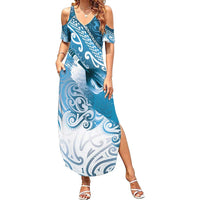 Personalised New Zealand Aotearoa Darts Masters Summer Maxi Dress Maori Art Tattoo with Tribal Dart Symbol Blue - Polynesian Pride