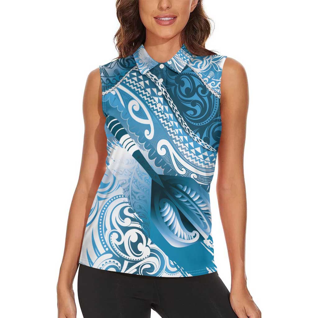 Personalised New Zealand Aotearoa Darts Masters Women Sleeveless Polo Shirt Maori Art Tattoo with Tribal Dart Symbol Blue - Polynesian Pride