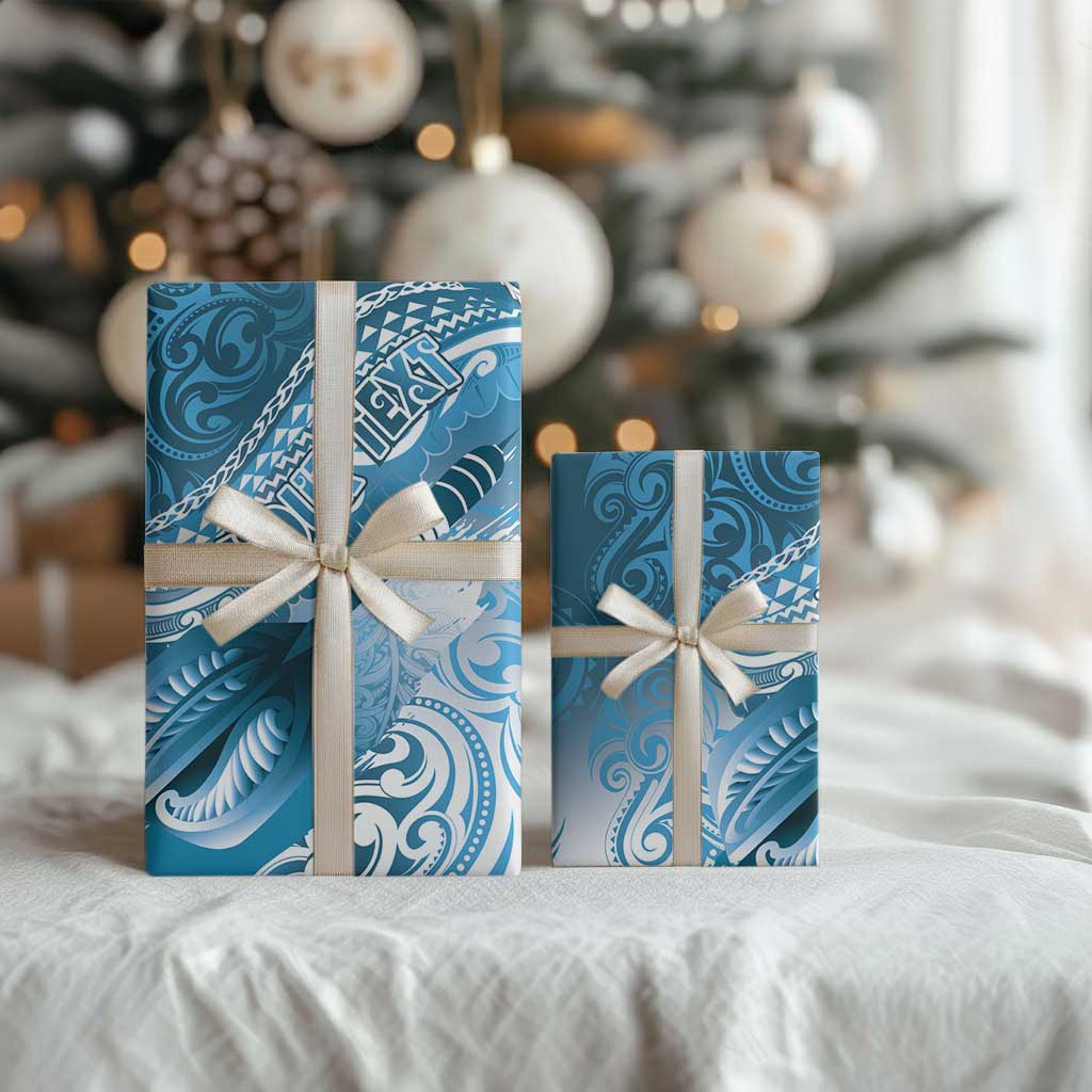 Personalised New Zealand Aotearoa Darts Masters Wrapping Paper Maori Art Tattoo with Tribal Dart Symbol Blue - Polynesian Pride