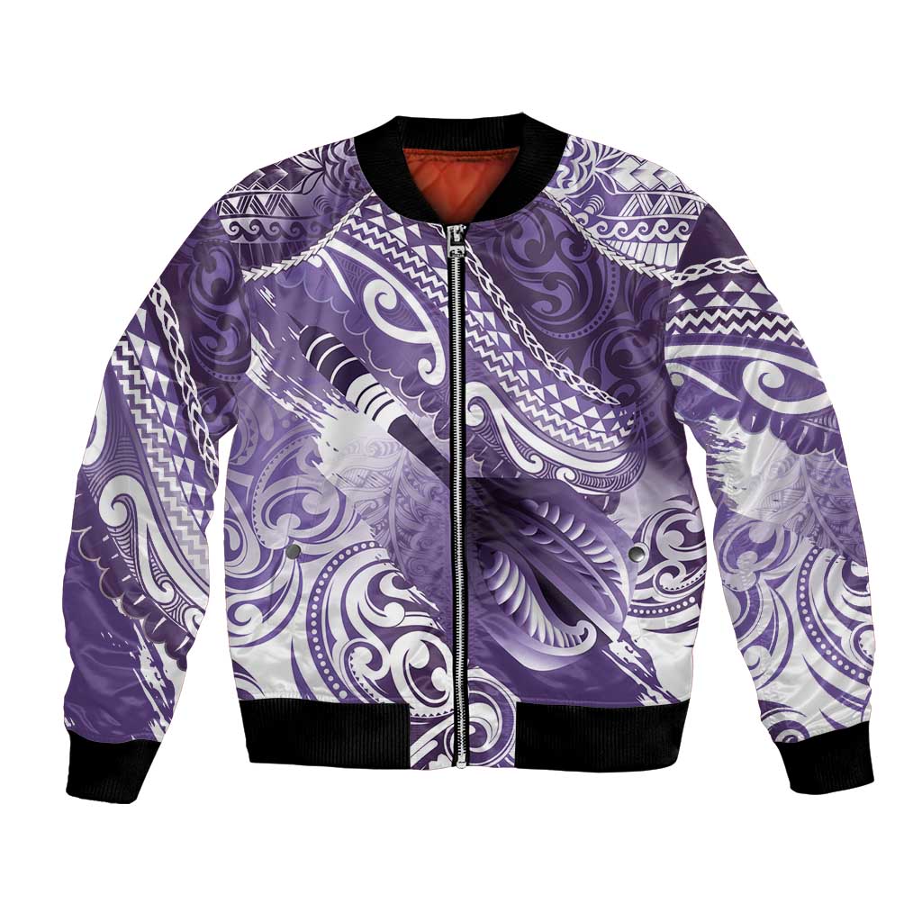Personalised New Zealand Aotearoa Darts Masters Bomber Jacket Maori Art Tattoo with Tribal Dart Symbol Purple - Polynesian Pride