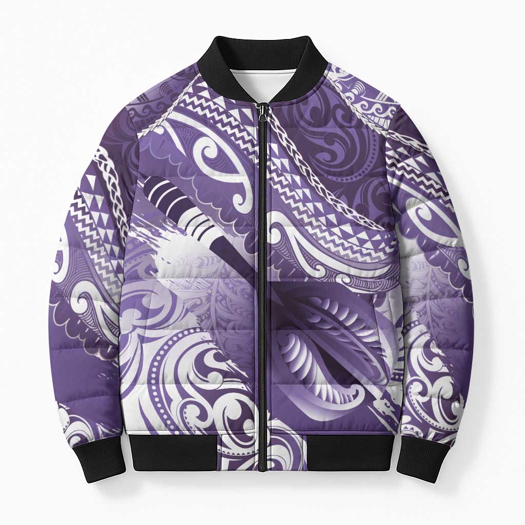 Personalised New Zealand Aotearoa Darts Masters Bomber Puffer Jacket Maori Art Tattoo with Tribal Dart Symbol Purple - Polynesian Pride