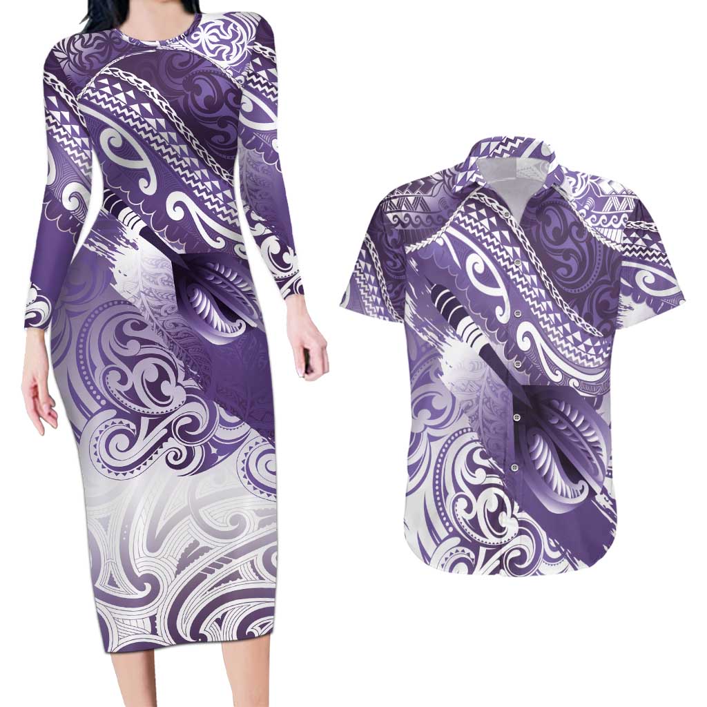 Personalised New Zealand Aotearoa Darts Masters Couples Matching Long Sleeve Bodycon Dress and Hawaiian Shirt Maori Art Tattoo with Tribal Dart Symbol Purple - Polynesian Pride