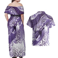 Personalised New Zealand Aotearoa Darts Masters Couples Matching Off Shoulder Maxi Dress and Hawaiian Shirt Maori Art Tattoo with Tribal Dart Symbol Purple - Polynesian Pride