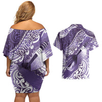 Personalised New Zealand Aotearoa Darts Masters Couples Matching Off Shoulder Short Dress and Hawaiian Shirt Maori Art Tattoo with Tribal Dart Symbol Purple - Polynesian Pride