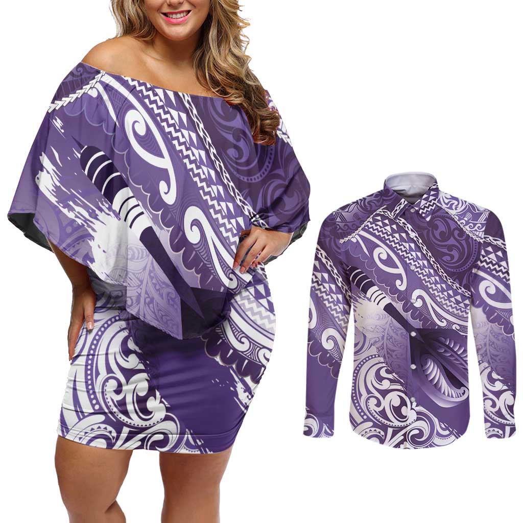 Personalised New Zealand Aotearoa Darts Masters Couples Matching Off Shoulder Short Dress and Long Sleeve Button Shirt Maori Art Tattoo with Tribal Dart Symbol Purple - Polynesian Pride