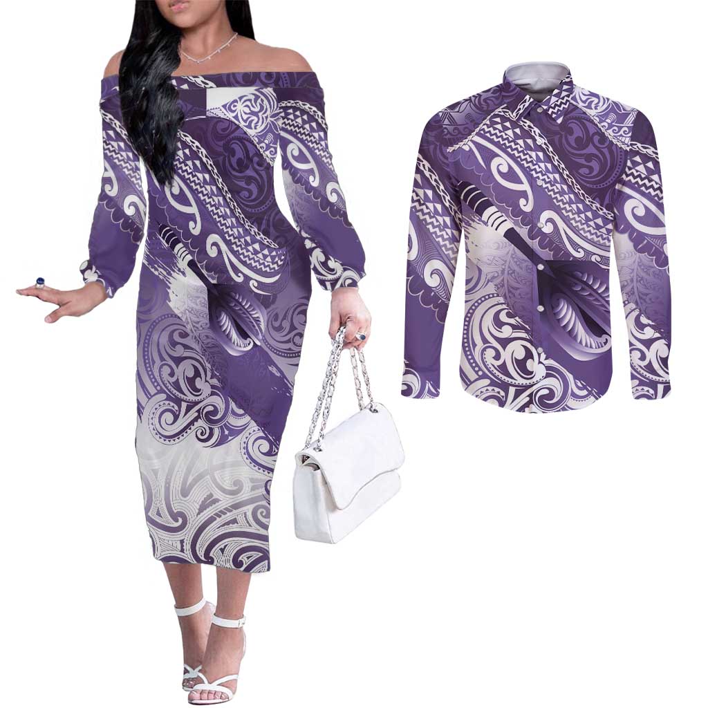 Personalised New Zealand Aotearoa Darts Masters Couples Matching Off The Shoulder Long Sleeve Dress and Long Sleeve Button Shirt Maori Art Tattoo with Tribal Dart Symbol Purple - Polynesian Pride