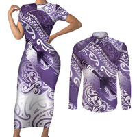 Personalised New Zealand Aotearoa Darts Masters Couples Matching Short Sleeve Bodycon Dress and Long Sleeve Button Shirt Maori Art Tattoo with Tribal Dart Symbol Purple - Polynesian Pride