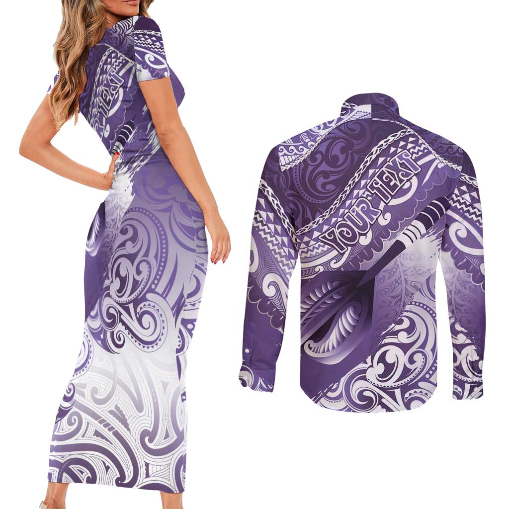 Personalised New Zealand Aotearoa Darts Masters Couples Matching Short Sleeve Bodycon Dress and Long Sleeve Button Shirt Maori Art Tattoo with Tribal Dart Symbol Purple - Polynesian Pride