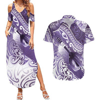 Personalised New Zealand Aotearoa Darts Masters Couples Matching Summer Maxi Dress and Hawaiian Shirt Maori Art Tattoo with Tribal Dart Symbol Purple - Polynesian Pride